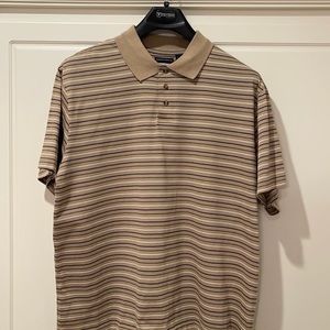 Men short sleeve polo style shirt. Beige w/blue and white stripes. 2X. $15.00